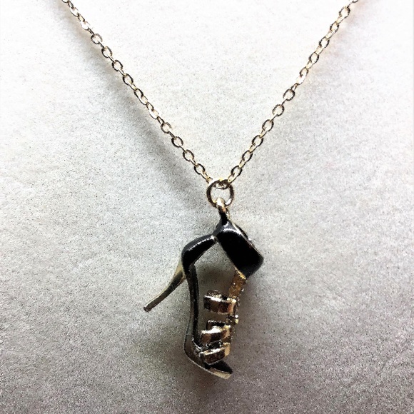 High Heel Shoe Black , Gold w/Rhinestons Necklace - Picture 1 of 4